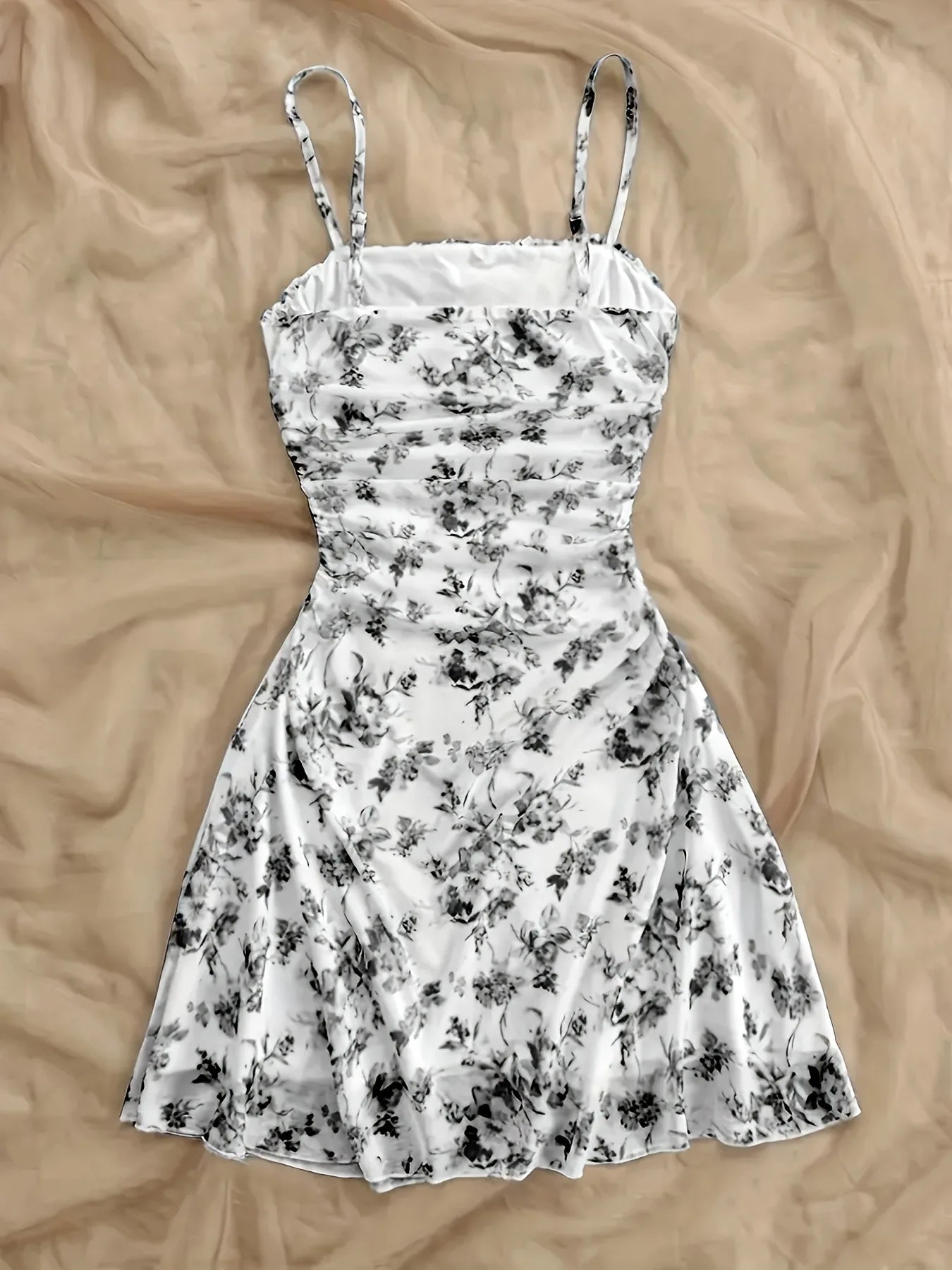 French Style Sweet Empire Waist Floral Strappy Dress Slim Fit Summer Casual Short Skirt