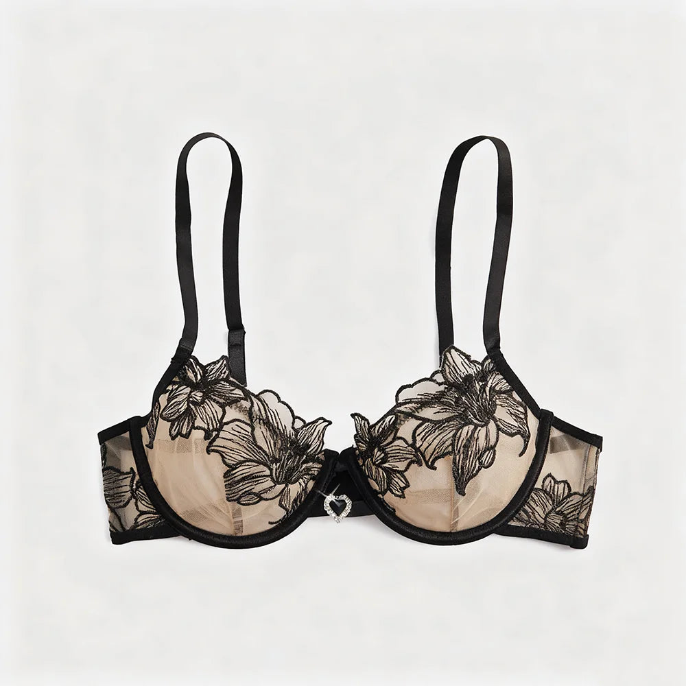 US Stock Sexy Floral Lace Embroidery Bra & Thong Set Sheer Mesh Underwire Lingerie Set