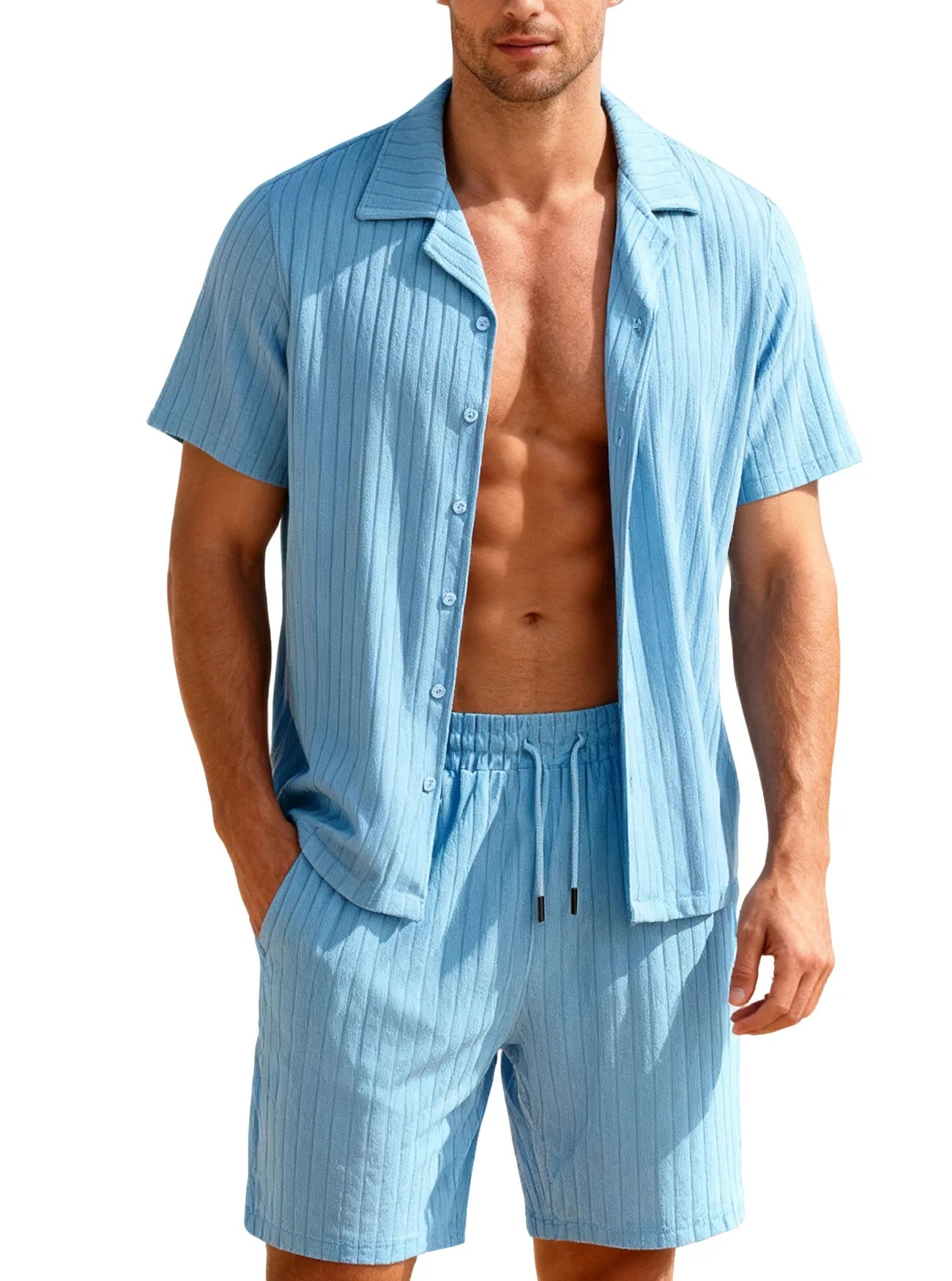 Commuting Casual Buttoned Shirt Short Suits Sleeve Men's Vacation Beach Short Summer Summer Tracksuits Cardigan Shorts Sets