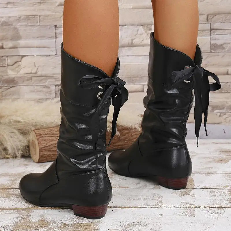 Tie up Slim High Western Style Height Increasing Boots Autumn Winter White Student Thick Heeled PU