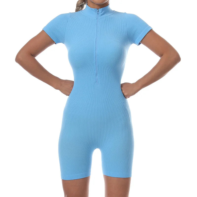 2024 High Quality New Summer Zipper Short Sleeve Yoga Jumpsuit Female Dance Fitness Bodyfitting Exercise Jumpsuit