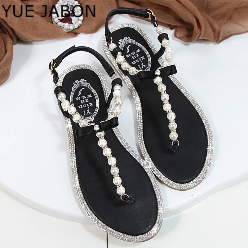 Pearl Sandals women Ladies Summer Bohemia Beach Sandal String Bead Casual Buckle Strap Flat Shoes Open Toe Shoes woman Flip Flop