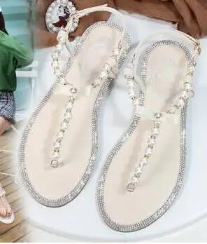 Pearl Sandals women Ladies Summer Bohemia Beach Sandal String Bead Casual Buckle Strap Flat Shoes Open Toe Shoes woman Flip Flop