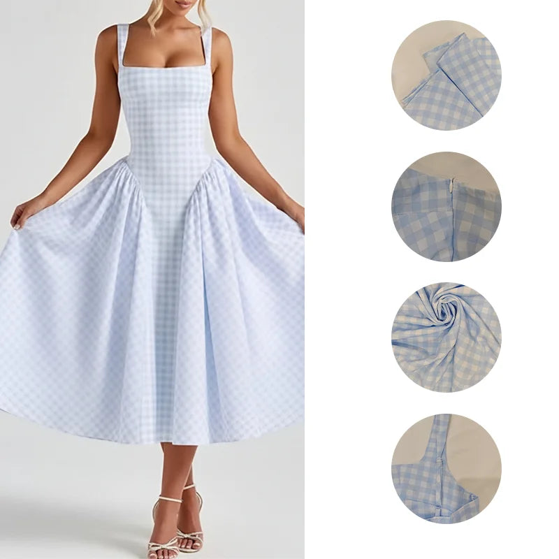 2026 New Arrival Women Gingham Midi Dress Spaghetti Strap Square Neck High Waist Flared Skirt Factory Wholesale Fast Shipping