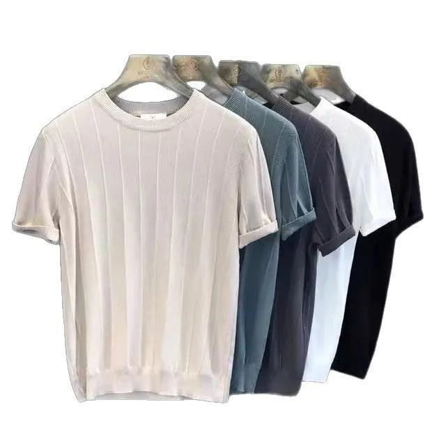 Knitted T-Shirt for Men, Summer New Round Neck T-Shirt, Short Sleeve, Thin Korean Style Base Shirt, Stylish Knit Top