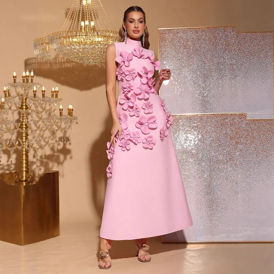 2026 New French pink Sleeveless Three-dimensional Floral A-line Maxi Dress Arrival Panelled Stand Collar Evening Dress