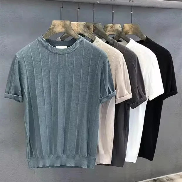 Knitted T-Shirt for Men, Summer New Round Neck T-Shirt, Short Sleeve, Thin Korean Style Base Shirt, Stylish Knit Top