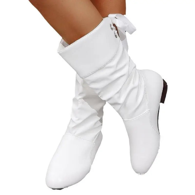 Tie up Slim High Western Style Height Increasing Boots Autumn Winter White Student Thick Heeled PU