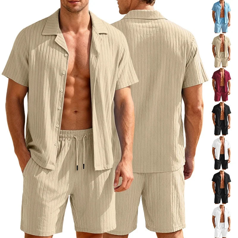 Commuting Casual Buttoned Shirt Short Suits Sleeve Men's Vacation Beach Short Summer Summer Tracksuits Cardigan Shorts Sets
