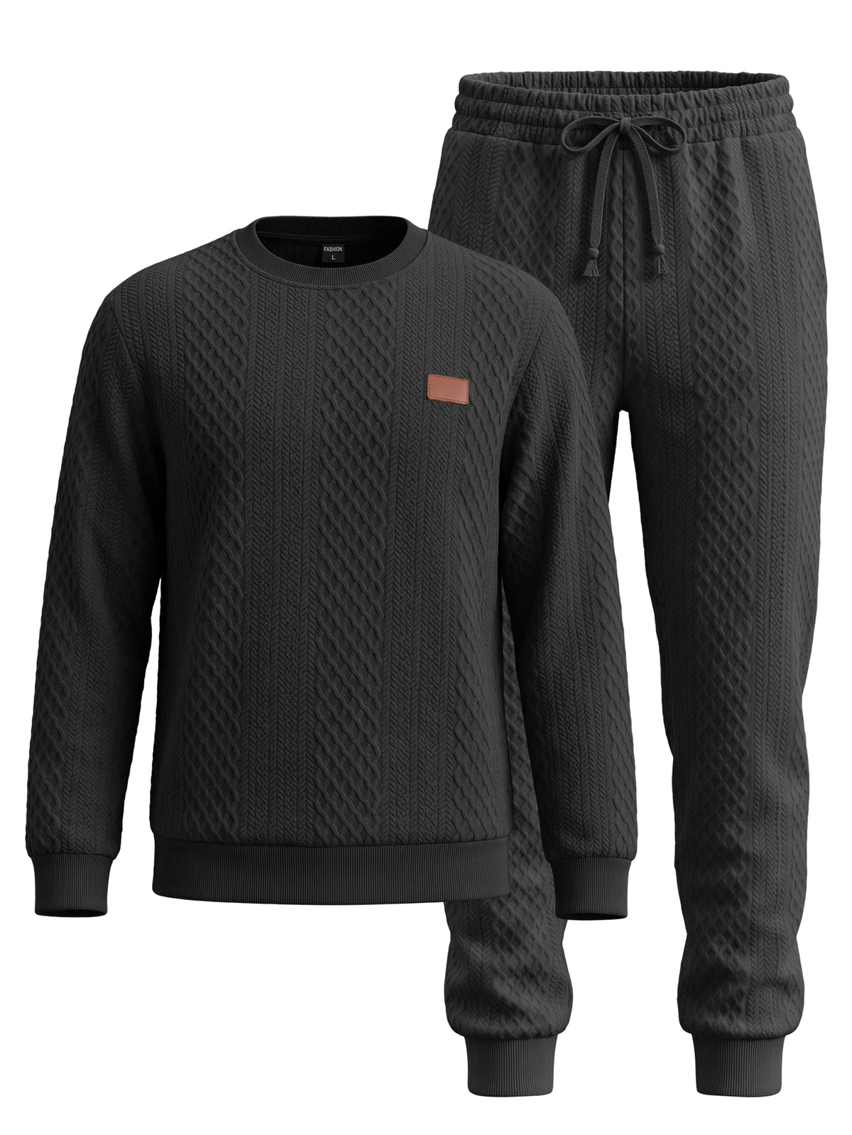 Soft Warm Jacquard Fleece Crew Neck Drawstring 2 Piece Men Long Sleeve Daily Training Tracksuit Set