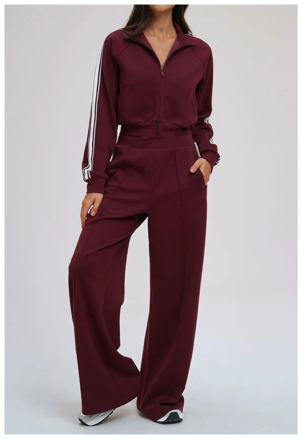 Women Casual Autumn Spring Solid Lace Sports 2-Piece Set Stand Neck Crop Top Full Sleeve High Waist Elastic Waist Pants