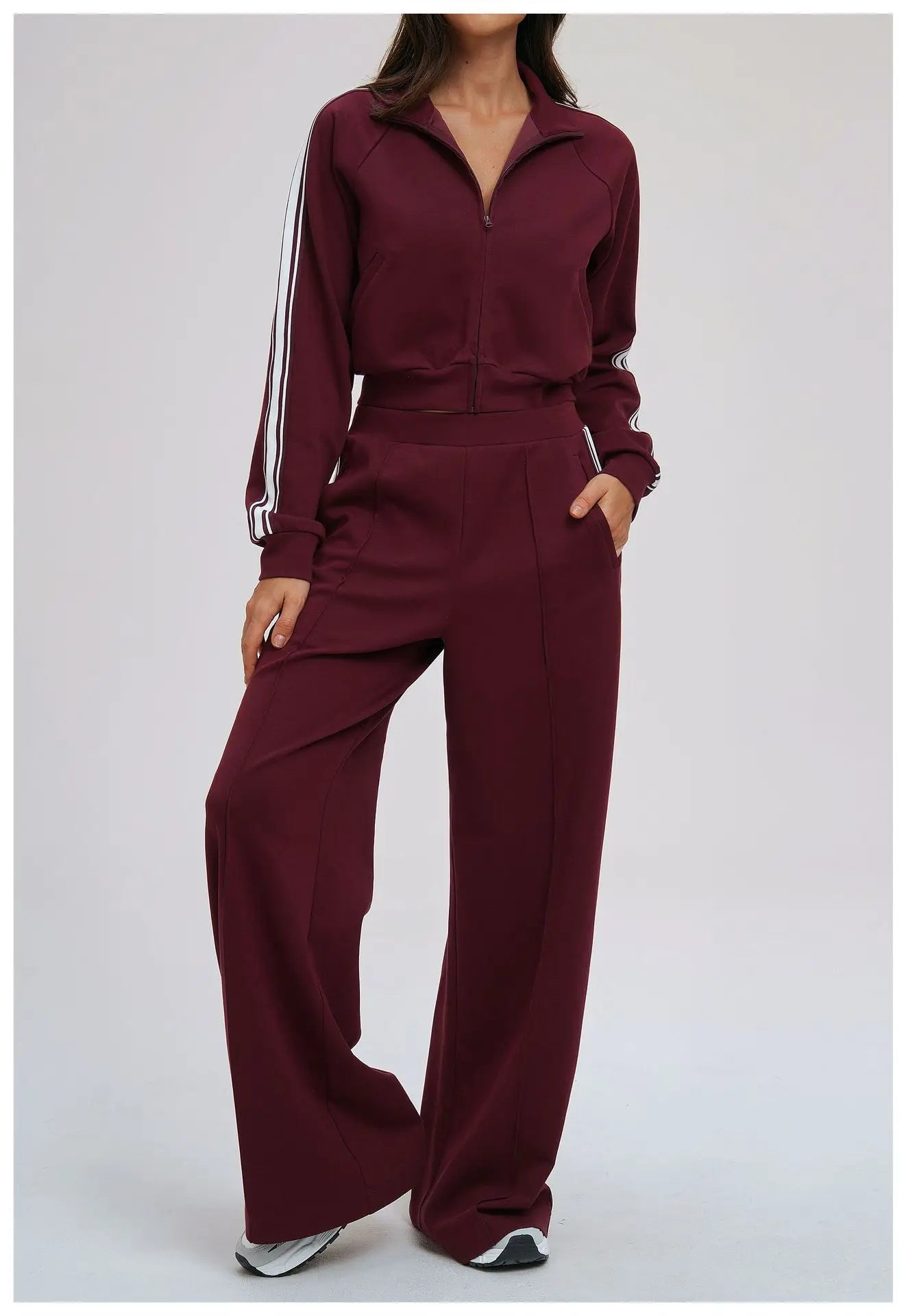 Women Casual Autumn Spring Solid Lace Sports 2-Piece Set Stand Neck Crop Top Full Sleeve High Waist Elastic Waist Pants