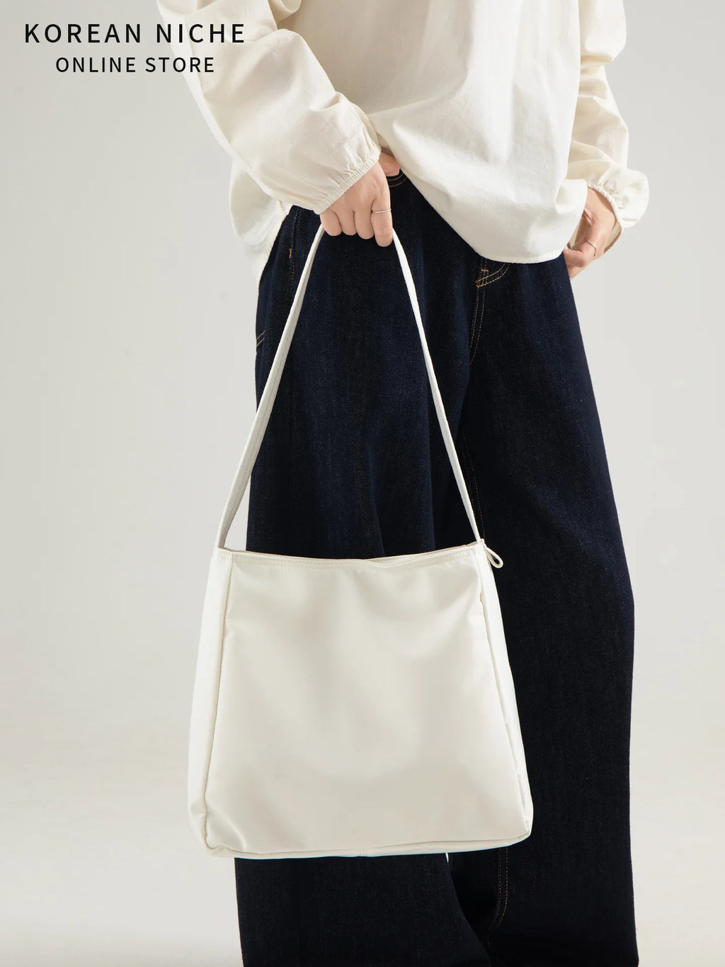 Korean Version Lazy Wind Simple Light Large-Capacity Summer Tote Bag Solid Color Nylon Casual Daily Portable Drawstring Closure