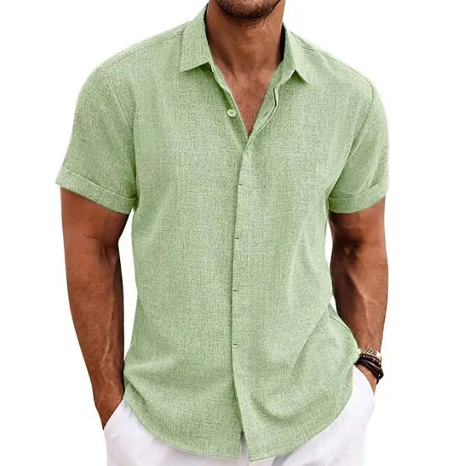 Summer New Men's Solid Shirt Casual Style White Short Sleeve Blouse Men Cotton Linen Knitted Formal Shirt for Adult