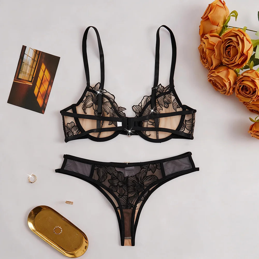 US Stock Sexy Floral Lace Embroidery Bra & Thong Set Sheer Mesh Underwire Lingerie Set