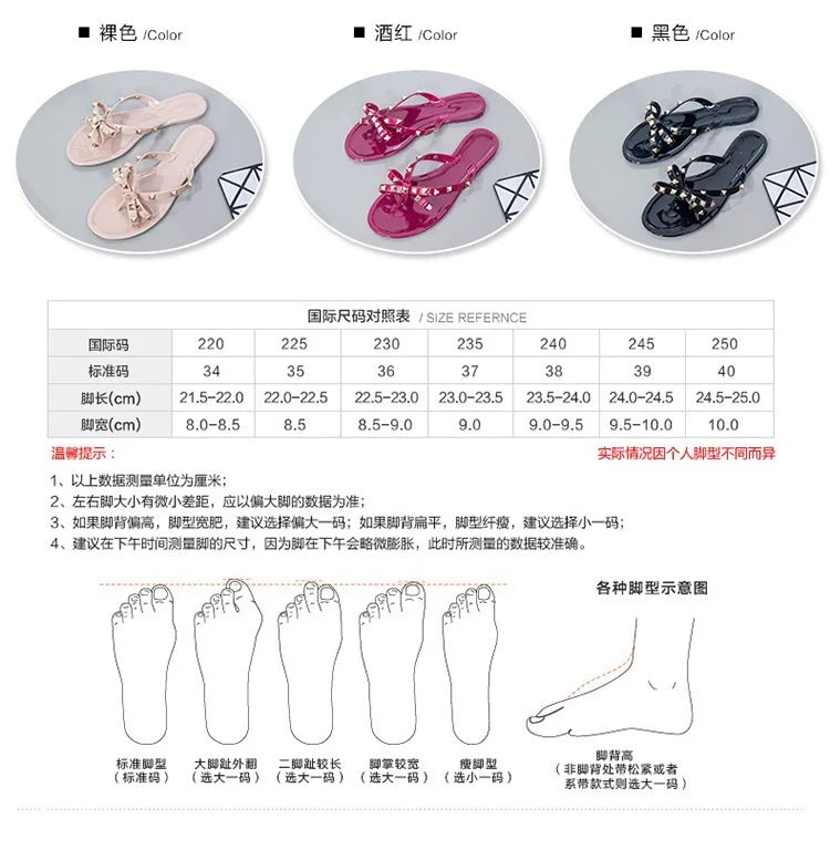 New Rivet Bow Sandals and Slippers Summer Transparent Crystal Shoes Women Outdoor Flip Flops