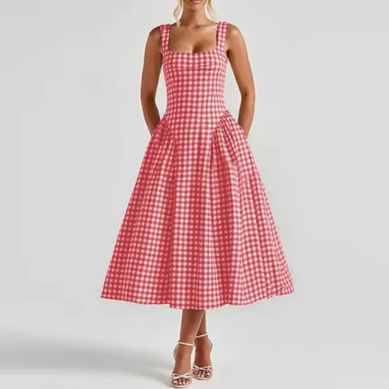 2026 Summer Women Elegant Solid Square Neck Smocked Bodycon Eco-Friendly Breathable Party Midi Dress for European American