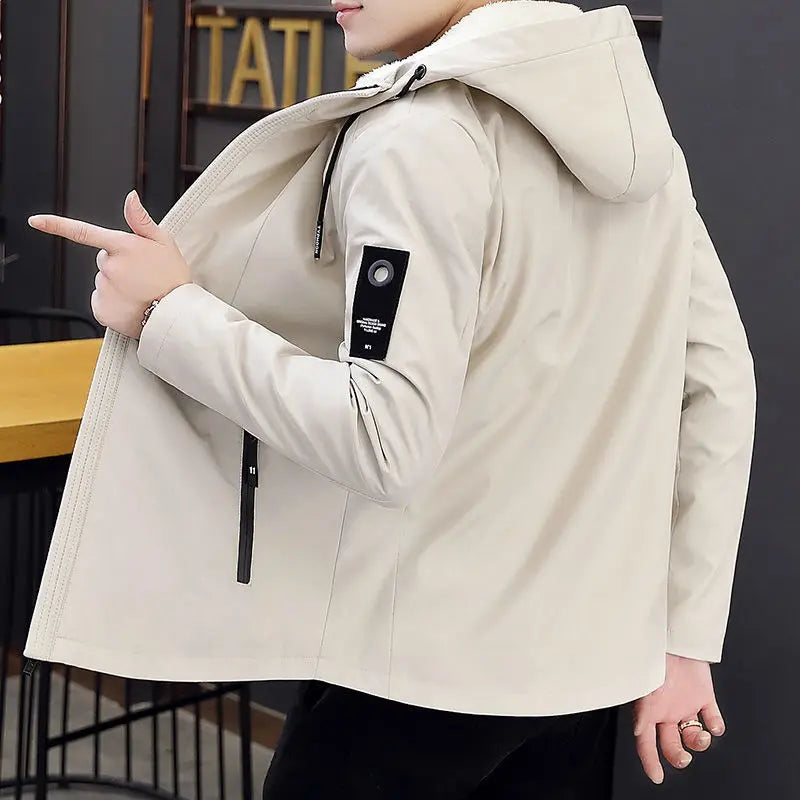 New Trench Coat Men's Solid Color Hooded Jacket Young and Middle-Aged Korean Style Slim Fit Jacket Casual Long Tops Parkas Coats