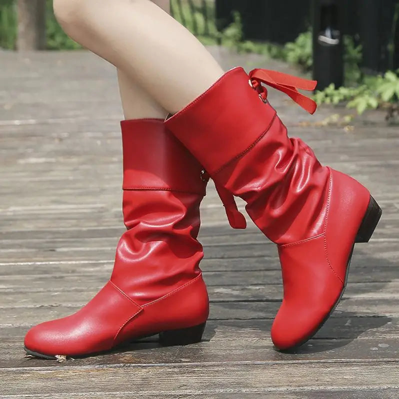 Nuo Large Size Mid-Calf Riding Boots for Women Low Heel Lace Closure Solid Warm