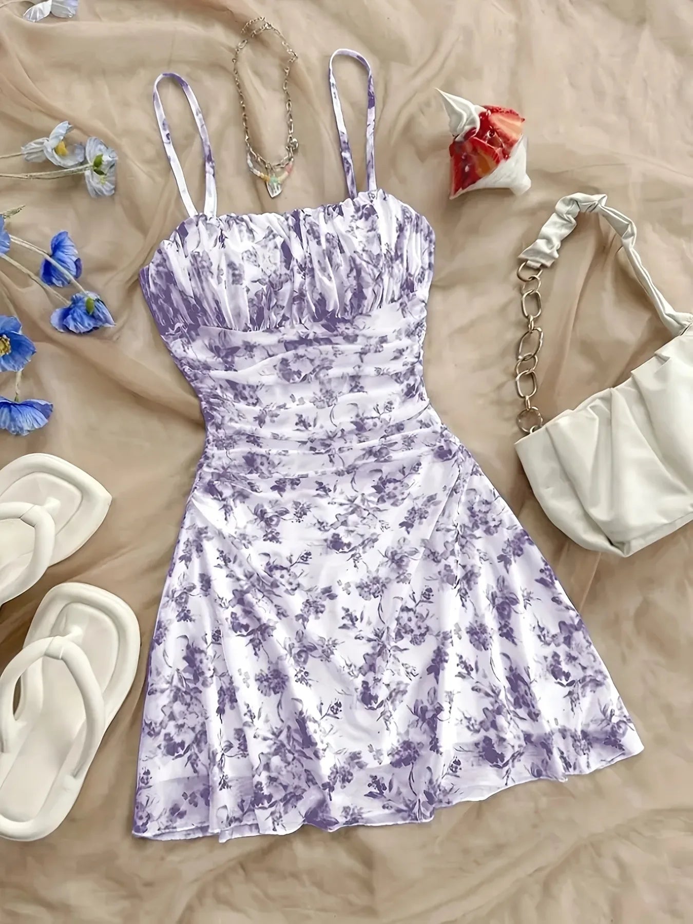 French Style Sweet Empire Waist Floral Strappy Dress Slim Fit Summer Casual Short Skirt