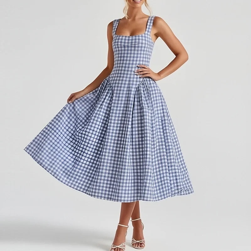 2026 New Arrival Women Gingham Midi Dress Spaghetti Strap Square Neck High Waist Flared Skirt Factory Wholesale Fast Shipping