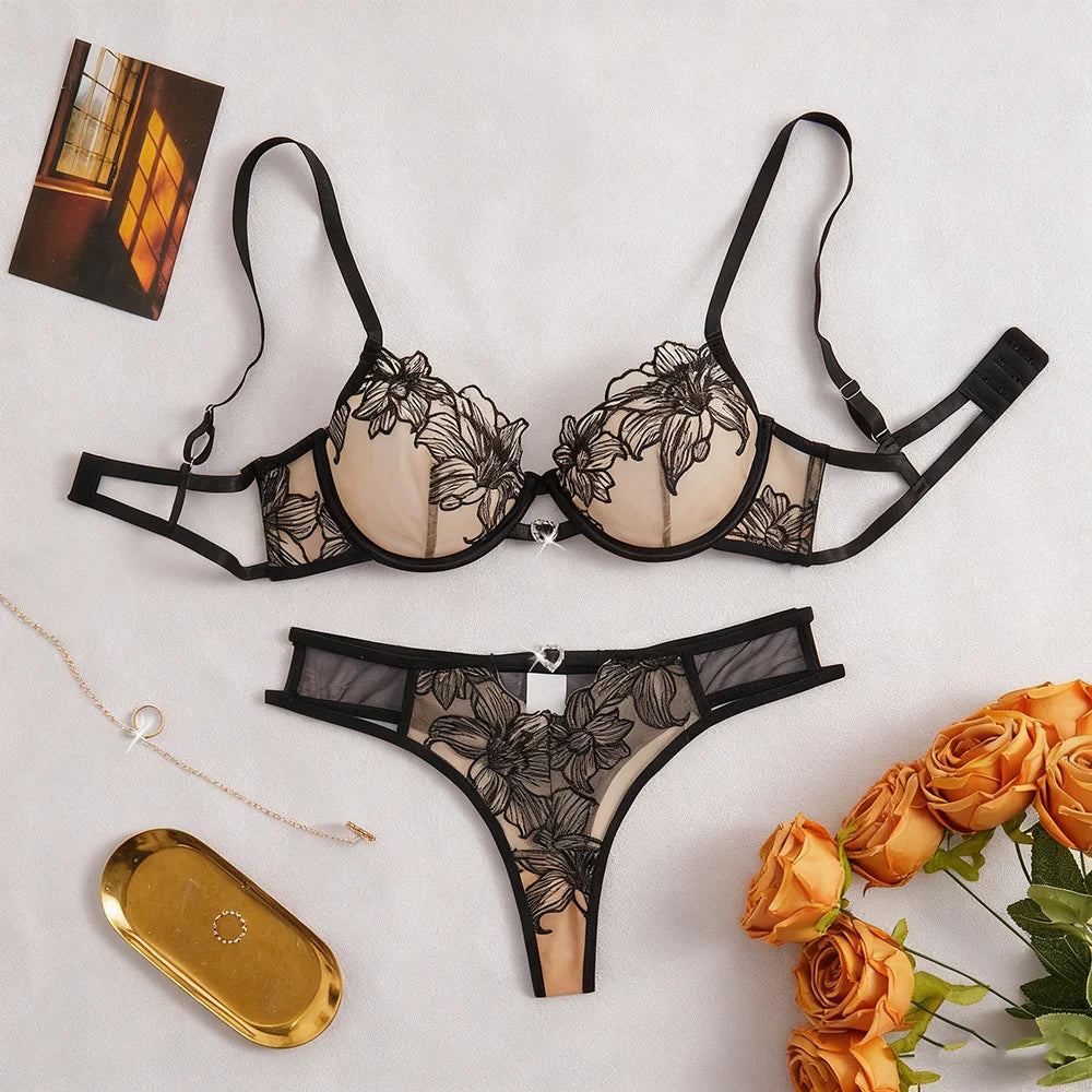 US Stock Sexy Floral Lace Embroidery Bra & Thong Set Sheer Mesh Underwire Lingerie Set