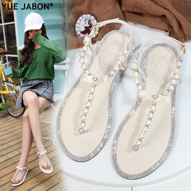 Pearl Sandals women Ladies Summer Bohemia Beach Sandal String Bead Casual Buckle Strap Flat Shoes Open Toe Shoes woman Flip Flop