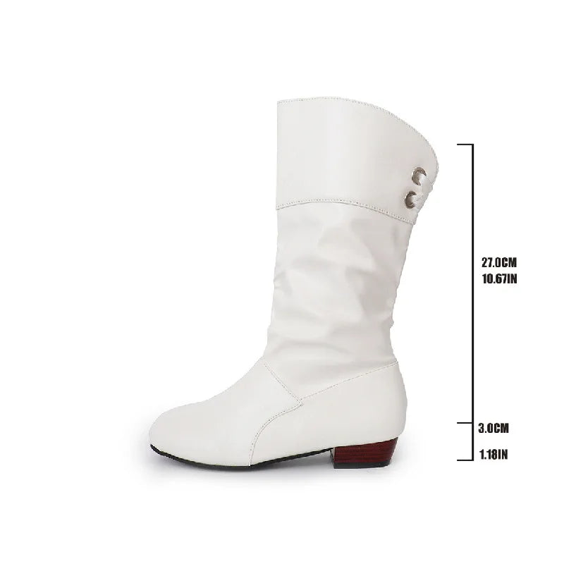 Tie up Slim High Western Style Height Increasing Boots Autumn Winter White Student Thick Heeled PU