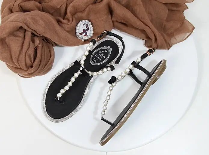 Pearl Sandals women Ladies Summer Bohemia Beach Sandal String Bead Casual Buckle Strap Flat Shoes Open Toe Shoes woman Flip Flop