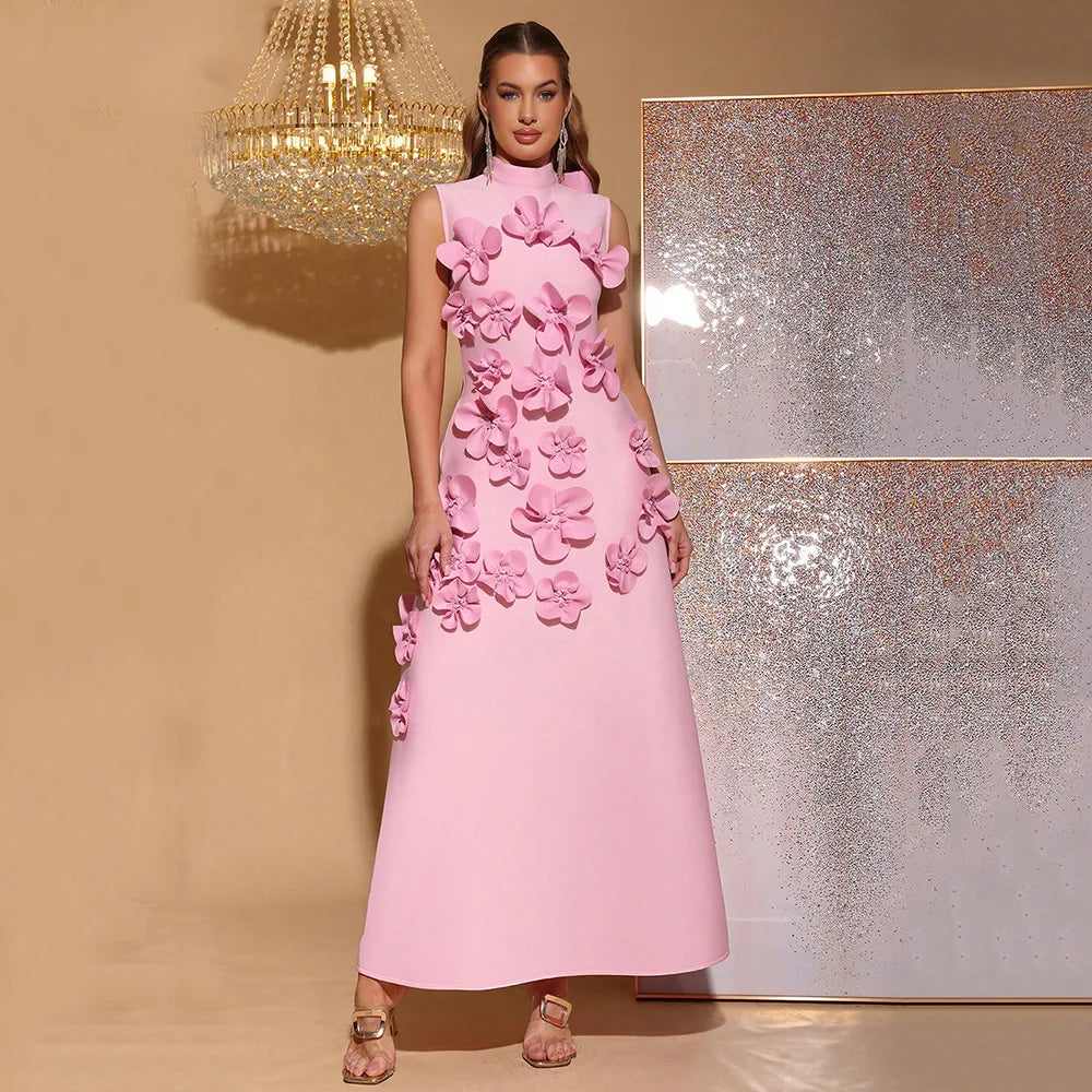 2026 New French pink Sleeveless Three-dimensional Floral A-line Maxi Dress Arrival Panelled Stand Collar Evening Dress