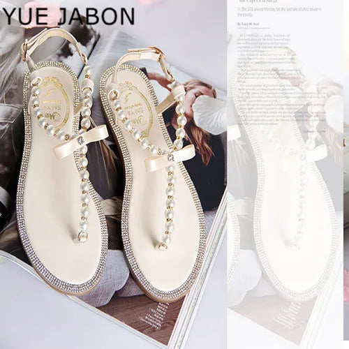 Pearl Sandals women Ladies Summer Bohemia Beach Sandal String Bead Casual Buckle Strap Flat Shoes Open Toe Shoes woman Flip Flop