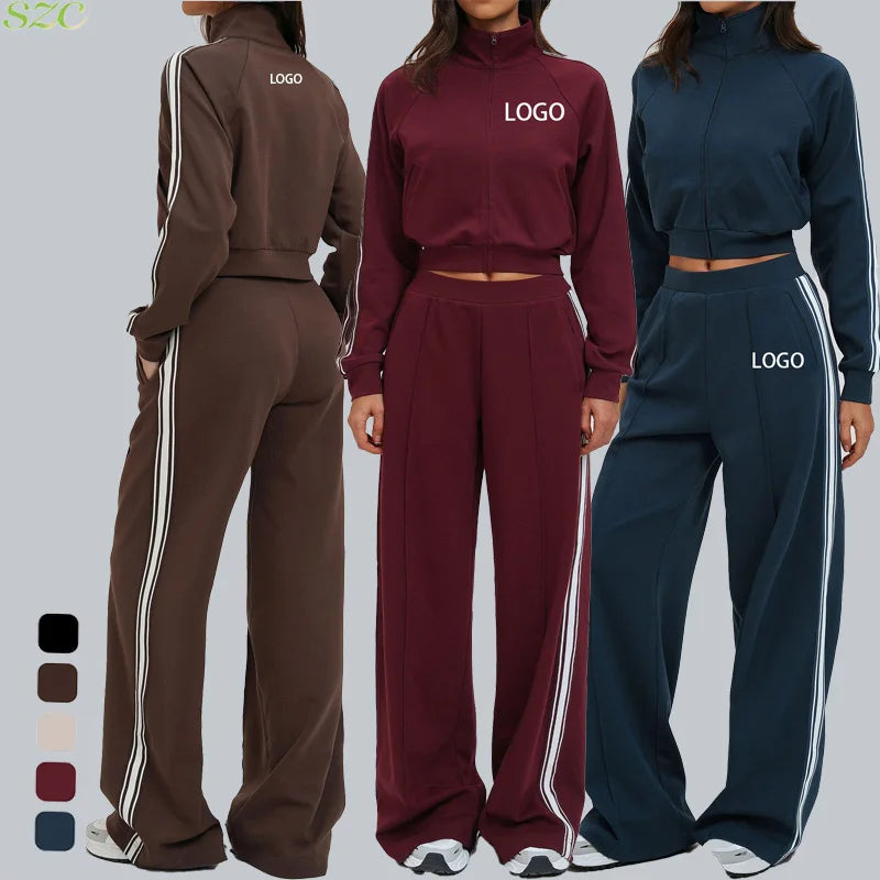 Women Casual Autumn Spring Solid Lace Sports 2-Piece Set Stand Neck Crop Top Full Sleeve High Waist Elastic Waist Pants