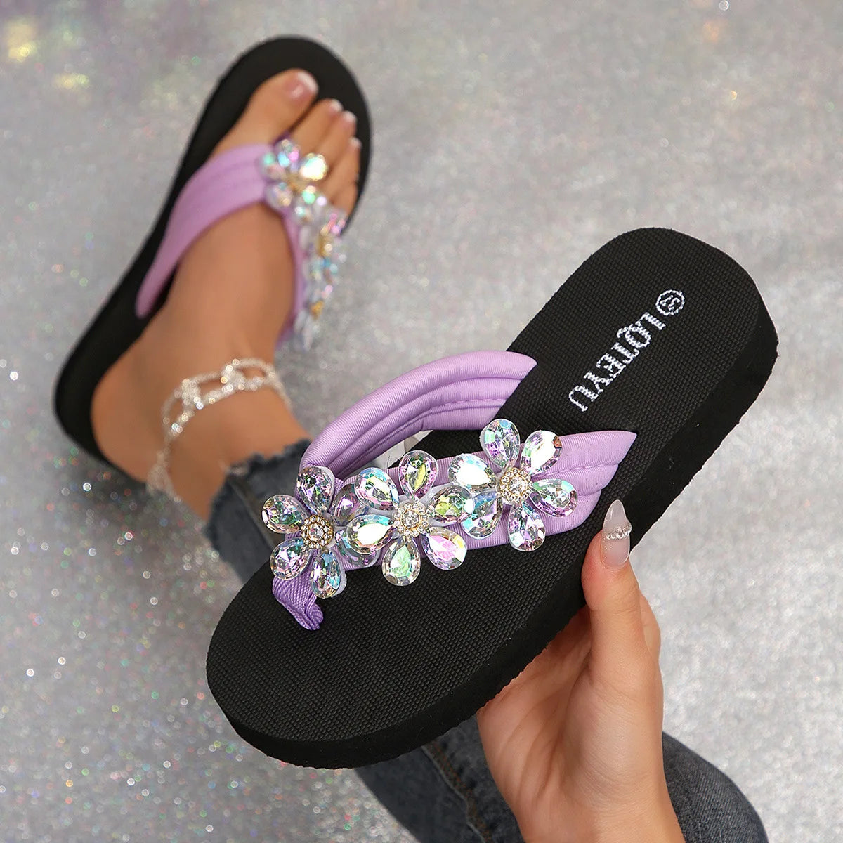 Large-Size Womens Shoes Foreign Trade Platform Flip-Flops Butterfly Rhinestone Canvas Upper Summer Cross-Border Best-Seller