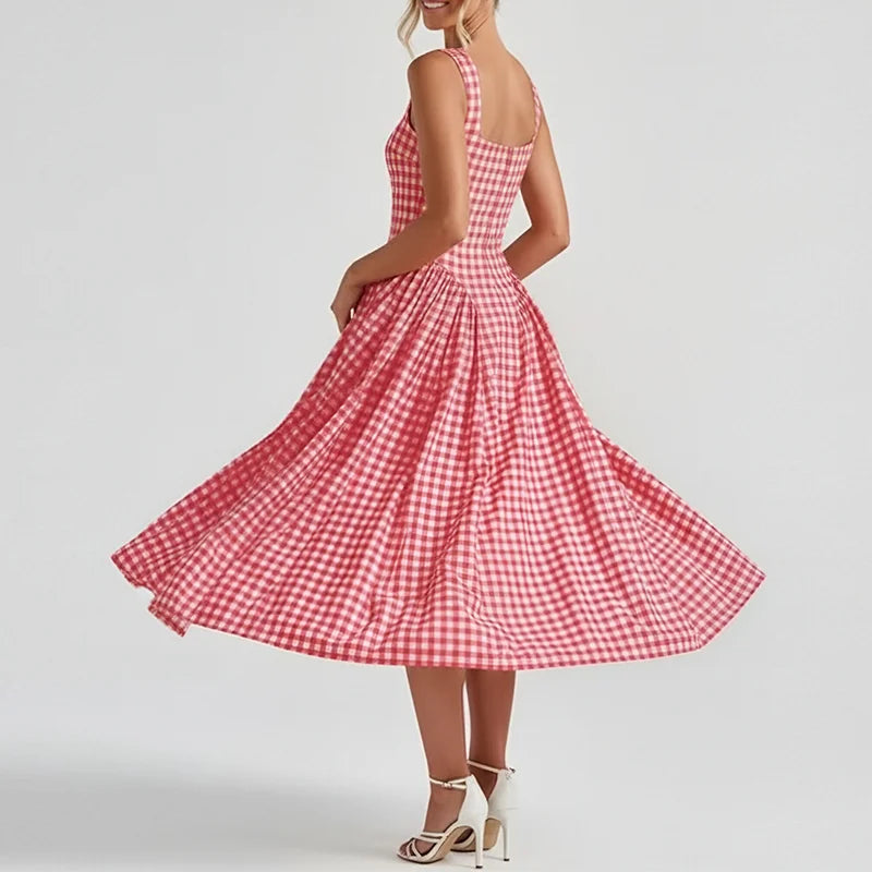 2026 New Arrival Women Gingham Midi Dress Spaghetti Strap Square Neck High Waist Flared Skirt Factory Wholesale Fast Shipping