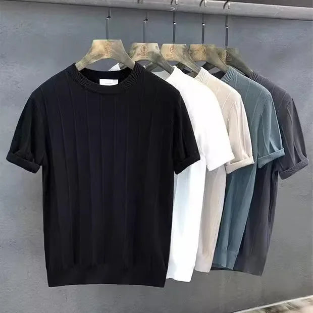 Knitted T-Shirt for Men, Summer New Round Neck T-Shirt, Short Sleeve, Thin Korean Style Base Shirt, Stylish Knit Top