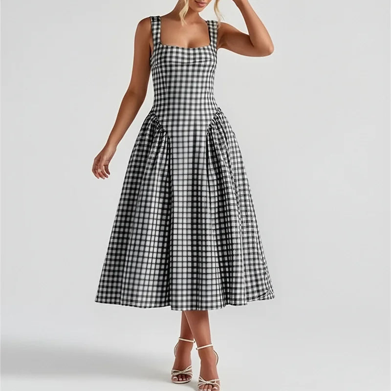 2026 New Arrival Women Gingham Midi Dress Spaghetti Strap Square Neck High Waist Flared Skirt Factory Wholesale Fast Shipping