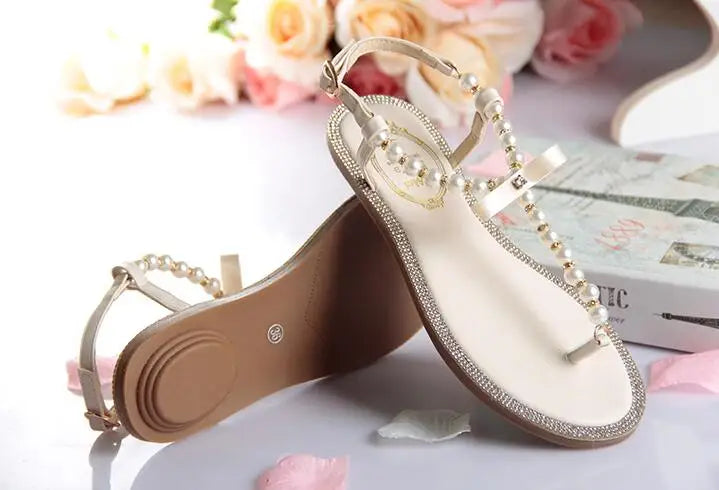 Pearl Sandals women Ladies Summer Bohemia Beach Sandal String Bead Casual Buckle Strap Flat Shoes Open Toe Shoes woman Flip Flop