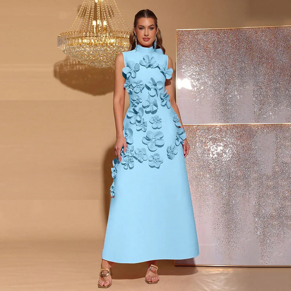 2026 New French pink Sleeveless Three-dimensional Floral A-line Maxi Dress Arrival Panelled Stand Collar Evening Dress