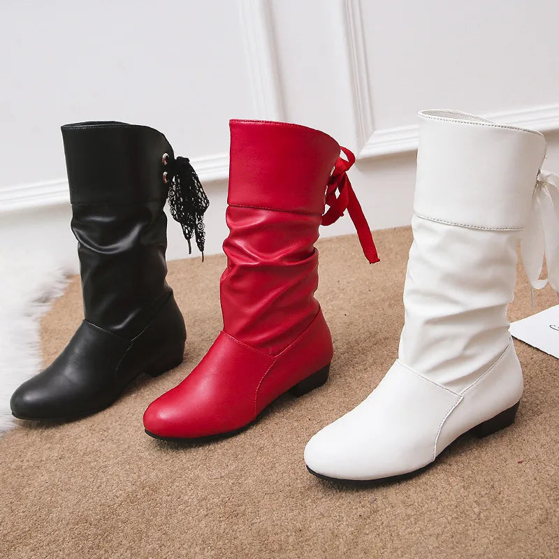 Women's Punk Plus Size Mid Calf Boots Autumn Winter Spring Fashion Solid Rubber Outsole