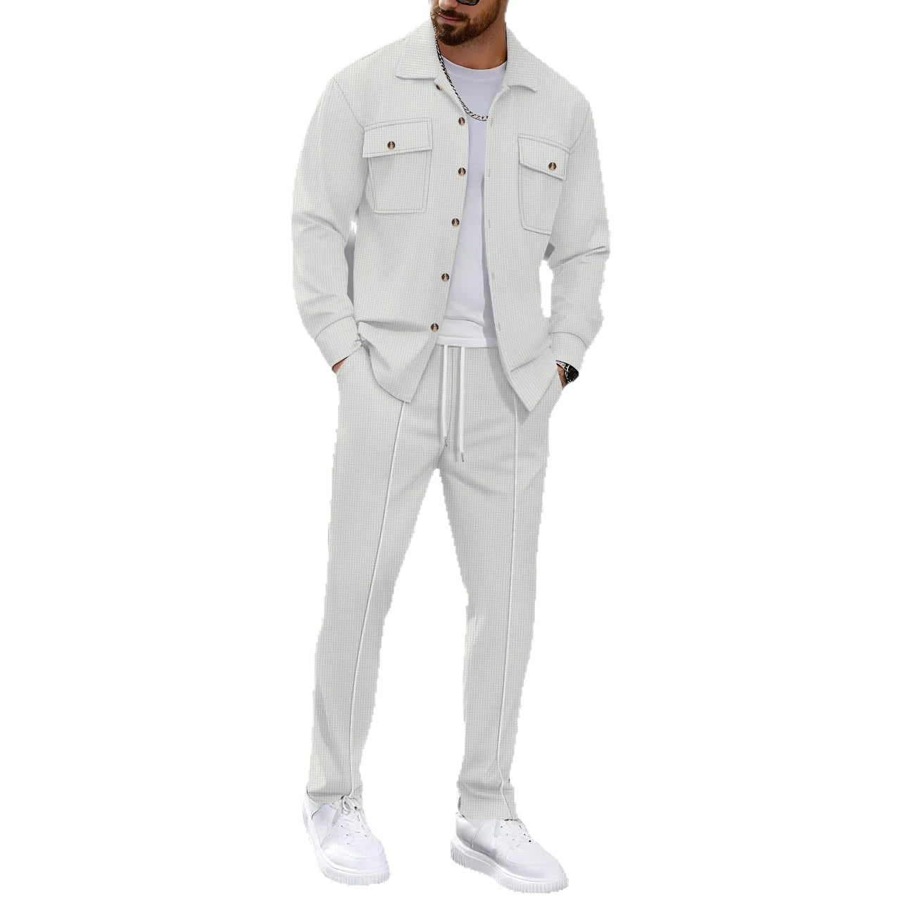 Autumn New Style High-quality Breathable Men's Waffle Long-Sleeved Pants Casual Double-Pocket Workwear Jacket Set