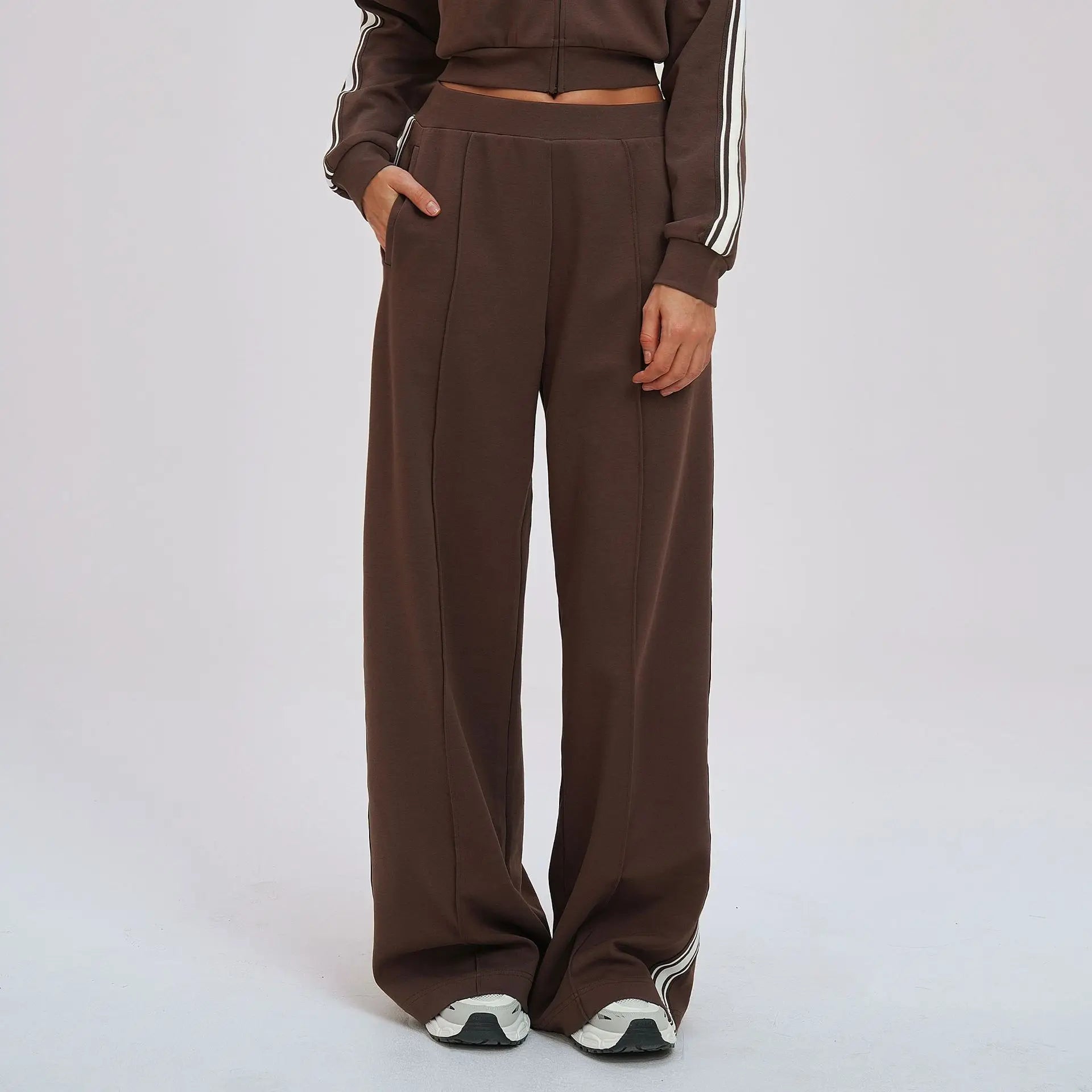 Women Casual Autumn Spring Solid Lace Sports 2-Piece Set Stand Neck Crop Top Full Sleeve High Waist Elastic Waist Pants