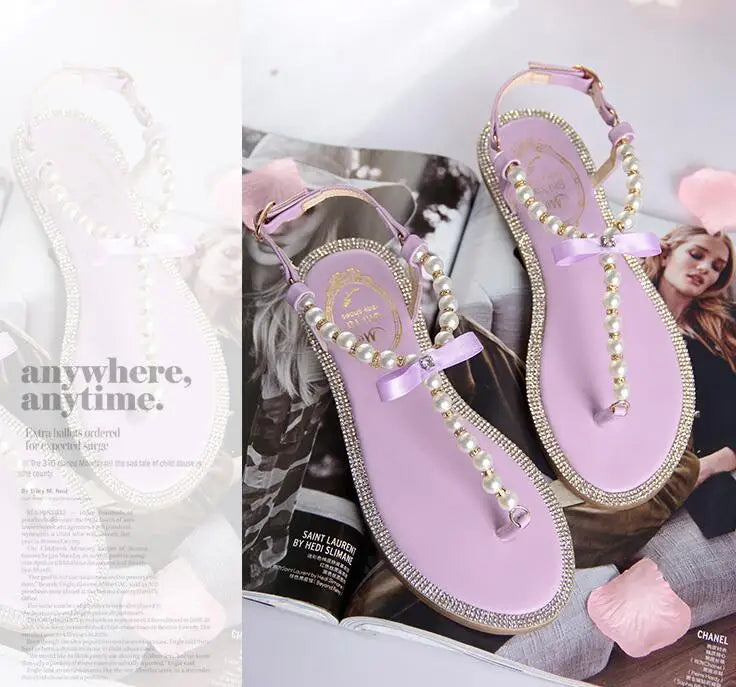 Pearl Sandals women Ladies Summer Bohemia Beach Sandal String Bead Casual Buckle Strap Flat Shoes Open Toe Shoes woman Flip Flop