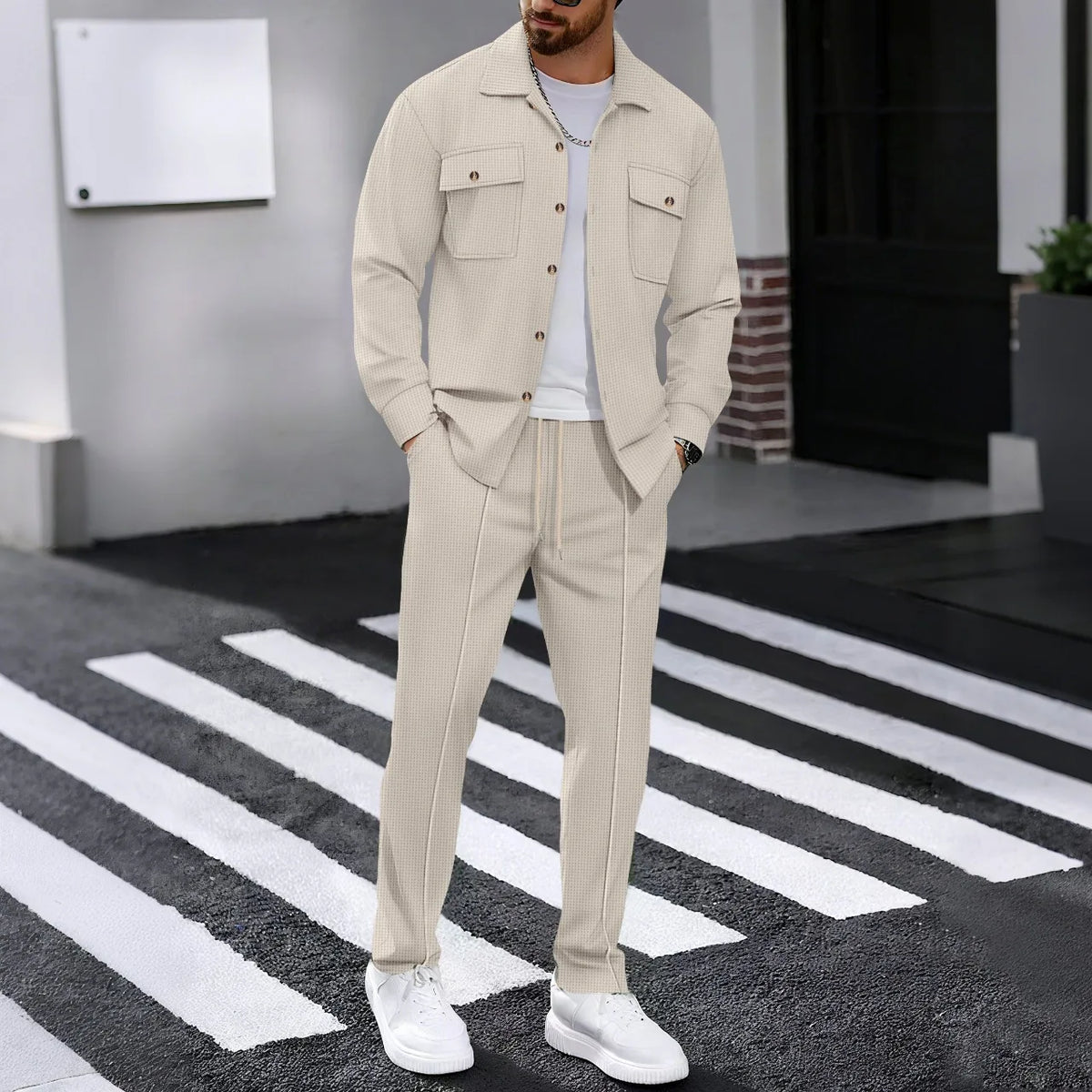 Autumn New Style High-quality Breathable Men's Waffle Long-Sleeved Pants Casual Double-Pocket Workwear Jacket Set