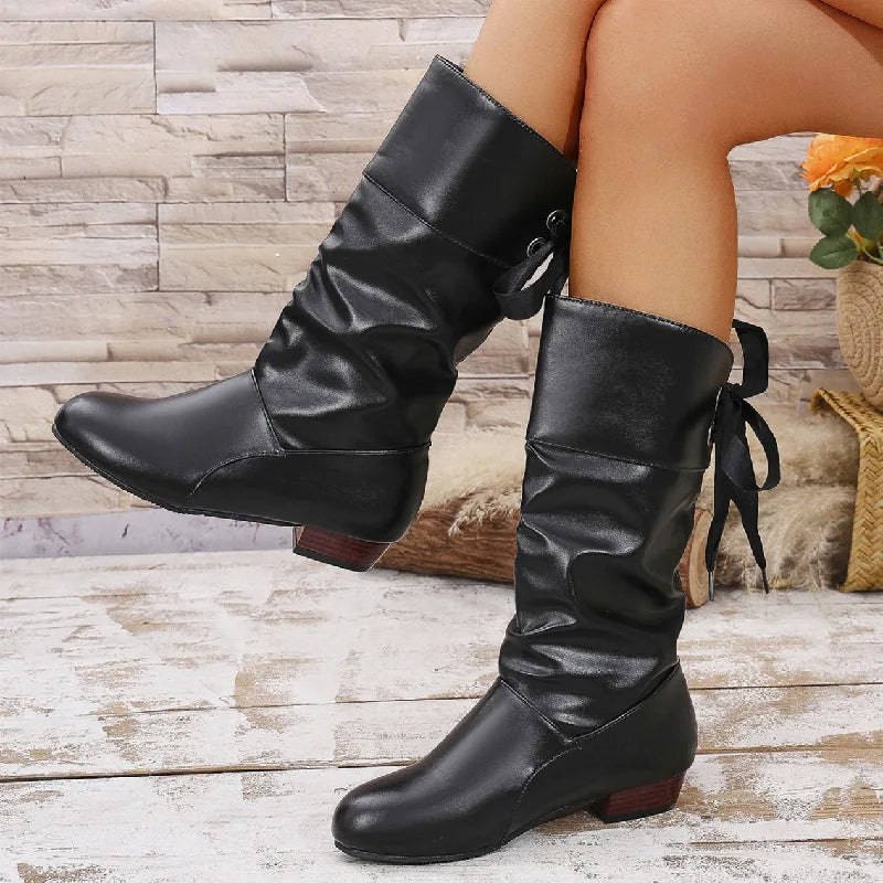 Tie up Slim High Western Style Height Increasing Boots Autumn Winter White Student Thick Heeled PU