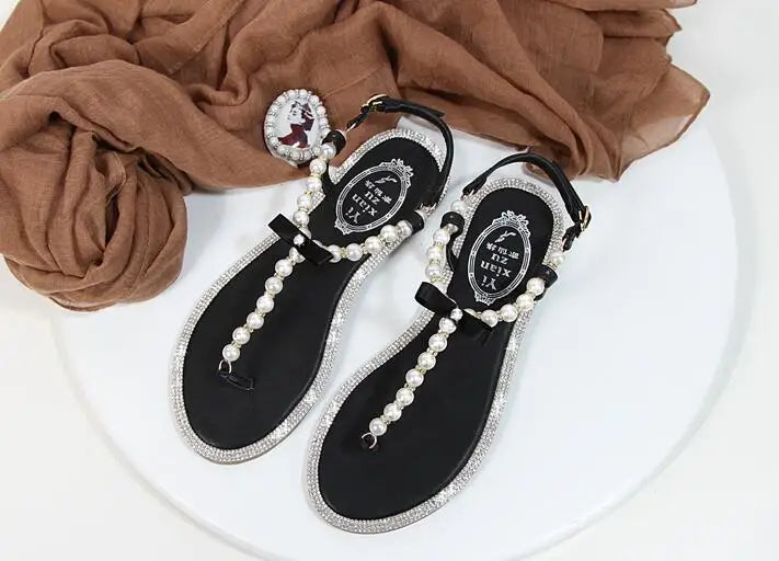 Pearl Sandals women Ladies Summer Bohemia Beach Sandal String Bead Casual Buckle Strap Flat Shoes Open Toe Shoes woman Flip Flop