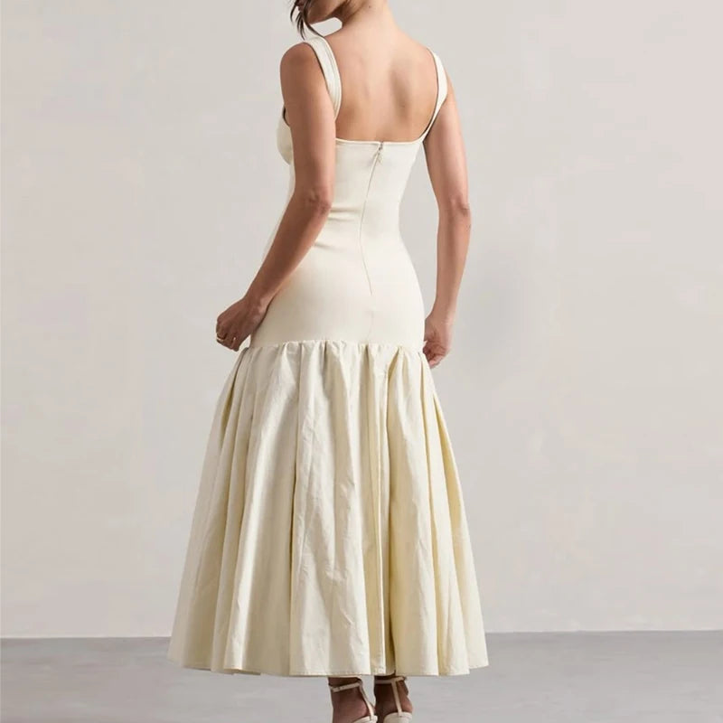 Elegant Square Neck Spaghetti Strap Solid Color Mermaid Hem Midi Dress Women Casual Dress Simple Style Fast Shipping