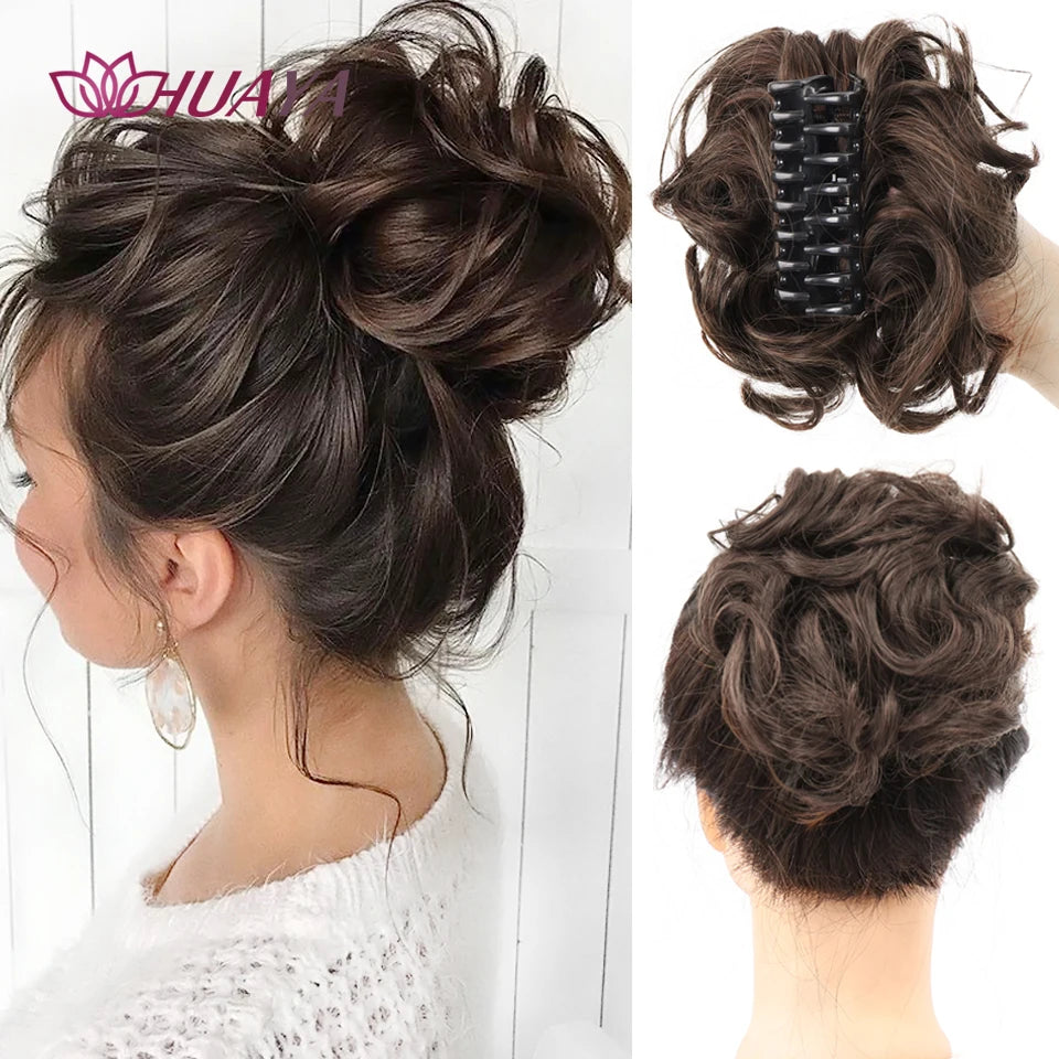 HUAYA Messy Curly Short Synthetic Hair Extension Chignon Donut Roller Bun Wig Claw Clip In Hairpiece for Women
