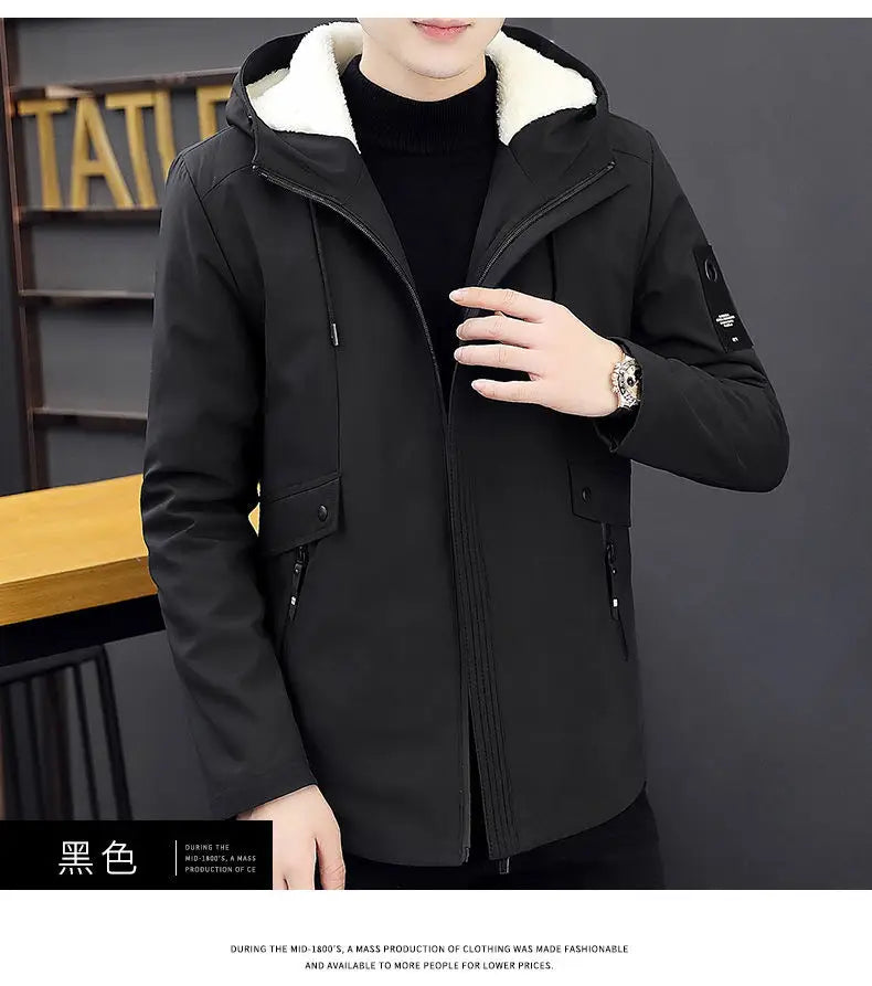 New Trench Coat Men's Solid Color Hooded Jacket Young and Middle-Aged Korean Style Slim Fit Jacket Casual Long Tops Parkas Coats