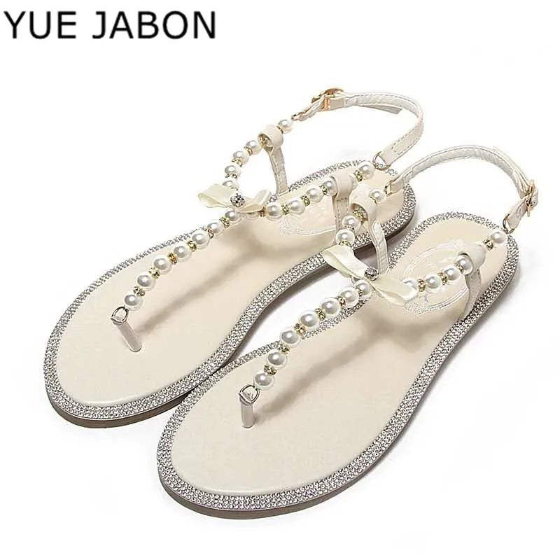 Pearl Sandals women Ladies Summer Bohemia Beach Sandal String Bead Casual Buckle Strap Flat Shoes Open Toe Shoes woman Flip Flop