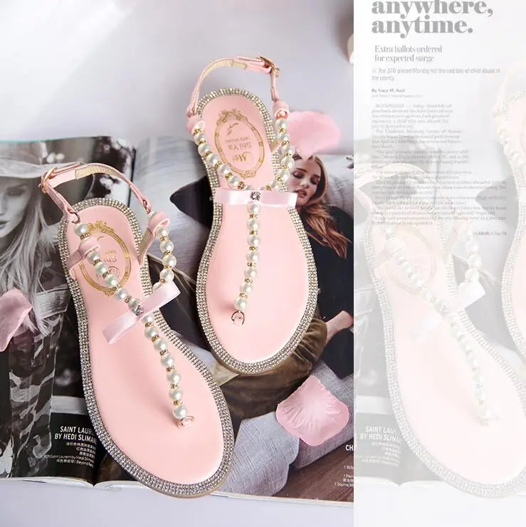 Pearl Sandals women Ladies Summer Bohemia Beach Sandal String Bead Casual Buckle Strap Flat Shoes Open Toe Shoes woman Flip Flop